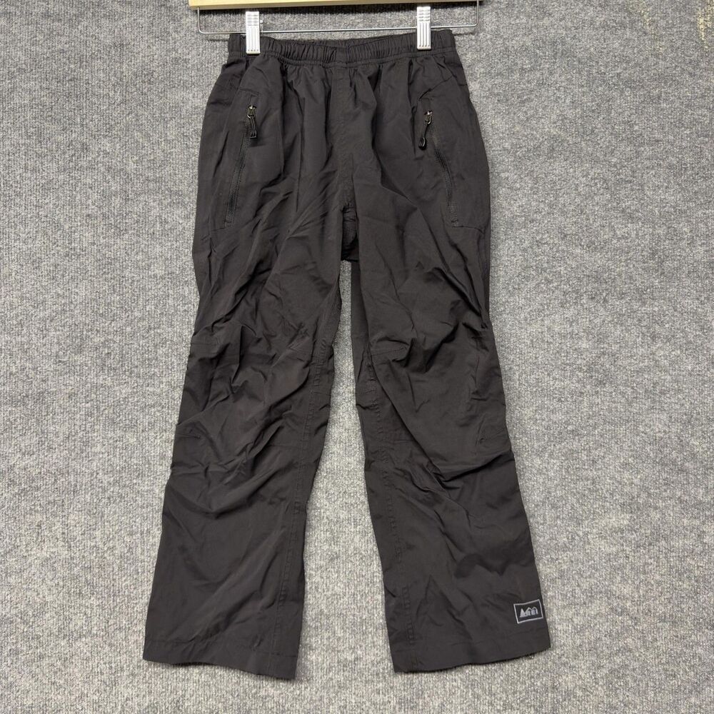 REI Rain Pants Kids S(8) Black Nylon Pull On Adjustable Waist Ski Hiking Outdoor